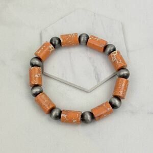 Orange Stone & Silver Navajo Pearl Bead Stretch Bracelet
